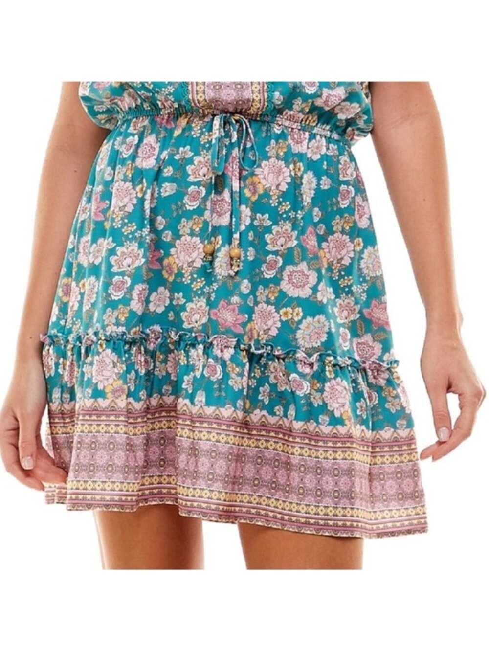 City Studios Drawstring Waist off the shoulder Boho Dress pink Green Size M